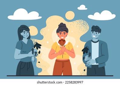 Concept of envy. Woman with red flower between man and young girl with withering plants. Dissatisfied angry person. Jealousy and hypocrisy. Cartoon flat vector illustration