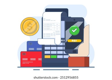 Concepto de pago electrónico, banca móvil, facturación, Factura, pago de facturas en línea con iconos. pago en línea y facturación digital. App bancario móvil y pago con tarjeta de débito. Ilustración vectorial.