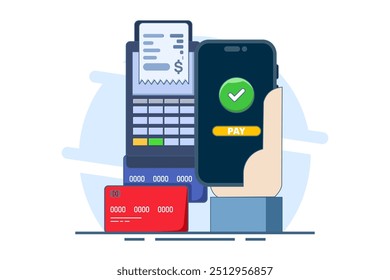 Concept of e-payment, mobile banking, billing, invoice, online bill payment with icons. online payment and digital billing. Mobile banking app and debit card payment. Vector illustration.