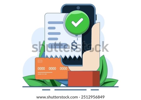 Concept of e-payment, mobile banking, billing, invoice, online bill payment with icons. online payment and digital billing. Mobile banking app and debit card payment. Vector illustration.