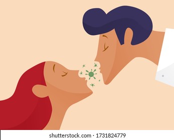 The concept of an epidemic disease. Couple kisses. Love through the coronovirus. Love and tenderness in pandemic mode. Guy, young beautiful girl, kiss, relationship, intimacy. Vector illustration