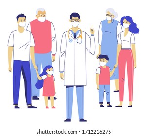 Concept of epidemic disease. Family doctor with patients in protective masks. Happy family mother, father, children, grandfather, grandmother with medical professional man.