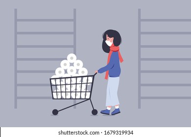 The concept of an epidemic disease. Shortage of products in the store. Girl with a full basket of toilet paper. Coronavirus effects.