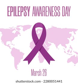 Concept of Epilepsy awareness day, Purple Day on March 26. Vector illustration of world map with awareness ribbon and text for social poster, banner, card, flyer