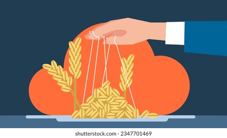 The concept of equal distribution of resources. Famine. Society's struggle against the manipulation of the food crisis. Protest. A politician uses grain to maintain power. Vector flat illustration