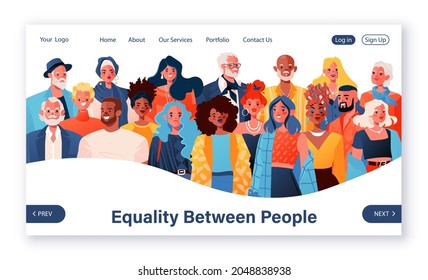 Concept of equality between people for landing page template. Web site design with people of different gender, age and ethnicity standing together. Portraits of smiling vector characters.