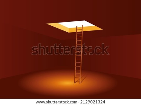 Concept of escape from the bottom of a hole, with a ladder to escape a trap by reaching the emergency exit.