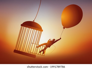 Concept of escape and the dream of freedom, with a man leaving a birdcage by taking off with a balloon. - Shutterstock ID 1991789786