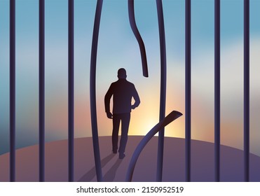 Konzept der Flucht und der Freiheit mit einem Mann, der aus einem Gefängnis entkommt, indem er durch die Gitter sägt.