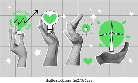 The concept of ESG - Environmental, social, and corporate governance. Green business and technology vintage collage with halftone hands, lightbulbs and wind turbines. Sustainable set elements