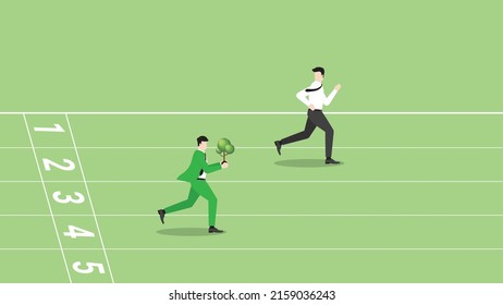 Concept of ESG and green business policy of environmental concern, save a planet, eco friendly, sustainability company. A businessman with a tree runs on a race track, attention from leader rivalry.