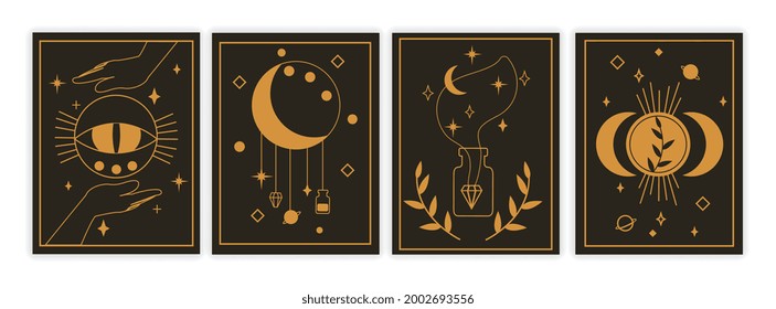 Concept of esotericism and alchemy. Magical talismans in women's hands, magic herbs, potions and signs. Mysticism and witchcraft. Flat minimalistic set for posters and wall decoration