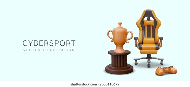 Concept of eSports. Realistic gaming chair, gamepad, golden trophy on stand