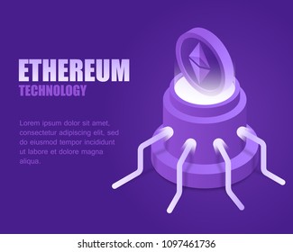 Concept ethereum technology. Vector illustration isometric bright block crypto currency. Landing page digital blockchain and cryptocurrency