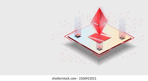 The concept of Ethereum, a token with a network vector on a dark background. Vector illustration of the Ethereum banner concept for a website. A non-renewable token. Vector illustration.