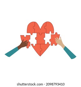 The concept of ethnic equality. Two female hands of different ethnic groups are holding a piece of the puzzle in the form of a heart. Vector illustration. 