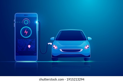 concept of EV charger station application on mobile, graphic of electric car charging by mobile phone