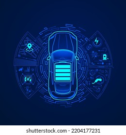 concept of EV or electric vehicle technology, graphic of car presented by front view with futuristic interface