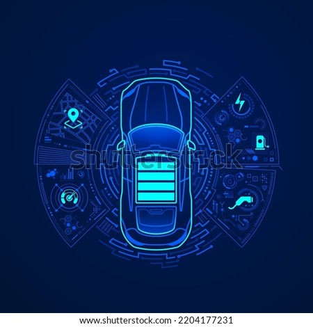 concept of EV or electric vehicle technology, graphic of car presented by front view with futuristic interface