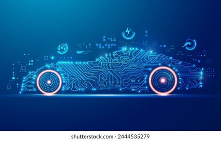 Konzept des Elektrofahrzeugs oder des elektronischen Fahrzeugs, Grafik der Form des Fahrzeugs kombiniert mit elektronischem Muster