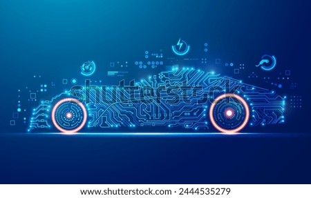 concept of EV or electronic vehicle, graphic of car shape combined with electronic pattern