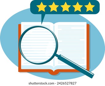 Concepto de libro de evaluación, libro revelado con lupa y estrellas de nivel. Ilustración vectorial