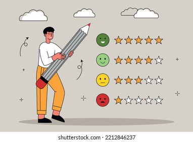 Concept of evaluation. Man with pencil evaluates product or service. User feedback and opinion. Ranking and rating, satisfaction scale. Marketing on Internet. Cartoon flat vector illustration