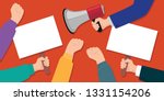 Concept of the event illustrated with raised fists, hands holding megaphones and pencils for protest messages