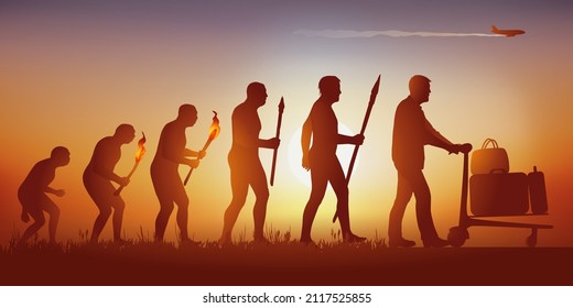 Concept of the evolution of mankind and wanderlust, with a man pushing a trolley of suitcases after having evolved according to Darwin’s theory.