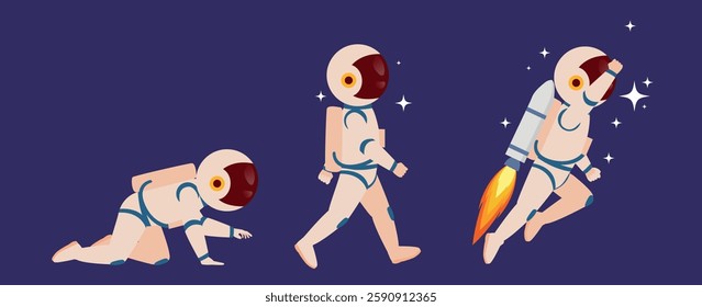 The concept of evolution and progress. The astronaut crawls goes and flies. Image of progression