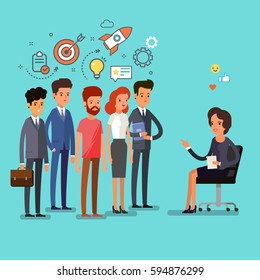 Concept of exam. Creative people stand in line to the teacher. Flat design, vector illustration