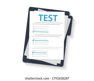 Concept exam, survey, testing. Test form with Clipboard. Test mark on a folder. Examining. Passing the knowledge test and exam. IQ test. Online survey. Checklist, Internet surveying list