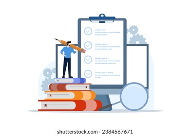 Concept of exam, exam, test, answer, checklist, choose answer, questionnaire form, education, school exam, character of choosing the correct answer. flat illustration vector template.