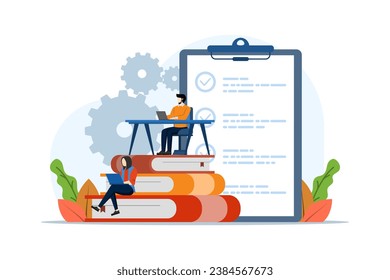 Concept of exam, exam, test, answer, checklist, choose answer, questionnaire form, education, school exam, character of choosing the correct answer. flat illustration vector template.