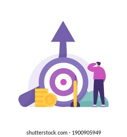 a concept of exceeding targets, business strategy, achievement and goals. male illustration looking up, arrow board, graph up, coins, arrows. flat style. vector design element