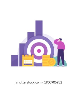 a concept of exceeding targets, business strategy, achievement and goals. male illustration looking up, arrow board, chart up, coins, calendar. flat style. vector design element