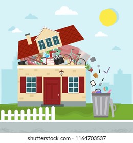 The concept of excessive consumerism. House bursting of stuff. Throwing away things from house. Vector illustration.