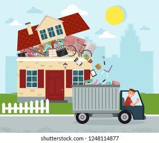 The concept of excessive consumerism. House bursting of stuff. Throwing away things from house. Junk removal. Vector illustration.