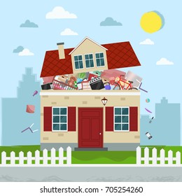 The concept of excessive  consumerism. House bursting of stuff. Vector illustration.