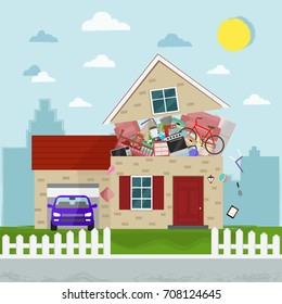 The concept of excessive  consumerism. House bursting of stuff. Vector illustration.