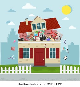 The concept of excessive consumerism. House bursting of stuff. Vector illustration.