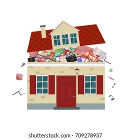 The concept of excessive  consumerism. House bursting of stuff. Vector illustration.