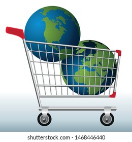 Concept of the excessive exploitation of natural resources of the earth by the United States with five planets in a caddy to symbolize their needs.
