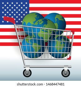 Concept of the excessive exploitation of natural resources of the earth by the United States with five planets in a caddy to symbolize their needs.