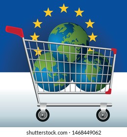 Concept of the excessive exploitation of the natural resources of the earth by the Europeans with three planets in a caddy to symbolize their needs.