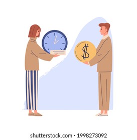 Concept of exchanging time for money and getting salary for work. Woman with clocks and man holding dollar coin to pay for job. Flat vector illustration of employer and employee isolated on white