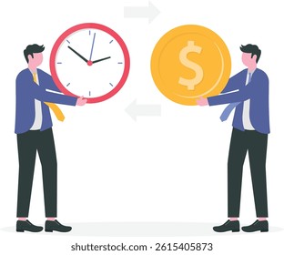 Concept of exchanging time for money and getting salary for work. Businessman with clocks and businessman holding dollar coin to pay for job.

