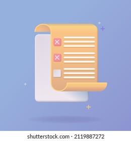 Concept of execution plan for business. Realistic 3d list with outstanding tasks. Pastel gentle light colors on a blue background. Creative design in cartoon style. Vector illustration.