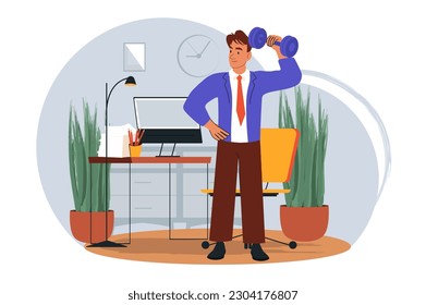 Concept Exercise on workplace with people scene in the flat cartoon design. An office worker doing physical exercises at work to be healthy. Vector illustration.