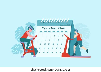 Concept of exercise planning for the better result. Illustration of treadmill running and indoor bike with the calendar on blue background. Picture for healthcare and indoor exercise promotion.
